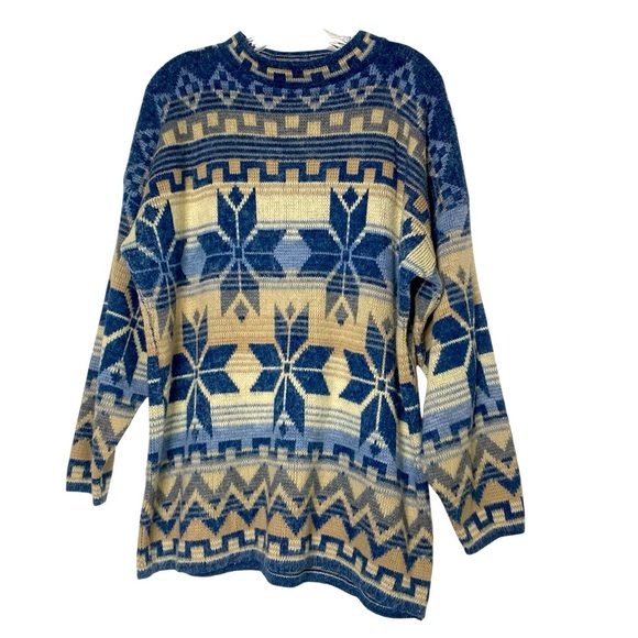 Needles and yarn vintage 90’s Cosby style soft blue/beige sweater-Size Large - Picture 1 of 9